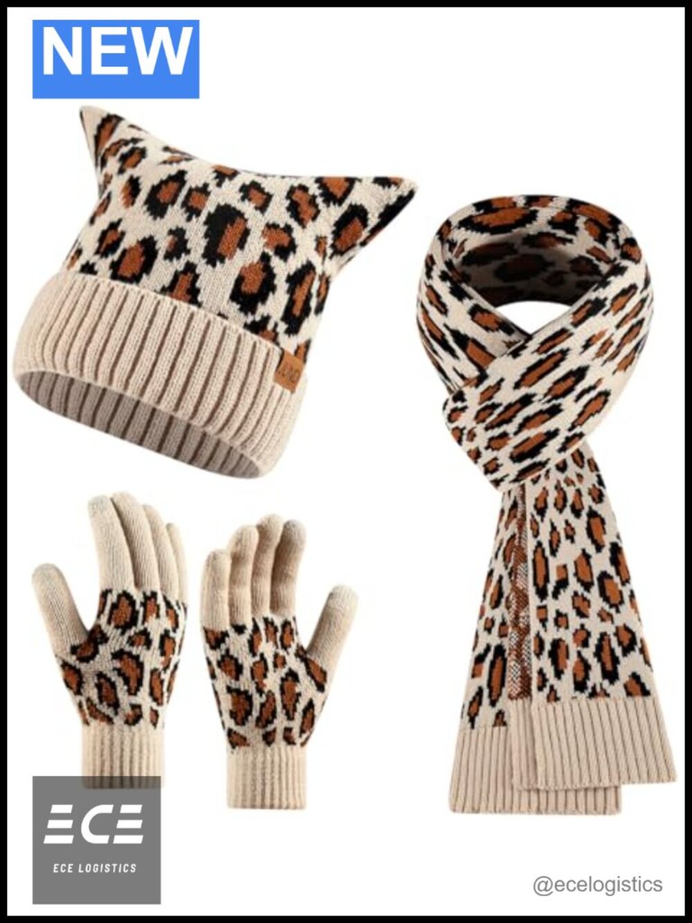 3 Piece Winter Cat Ear Beanie Hat Scarf Touchscreen Gloves Set Knit